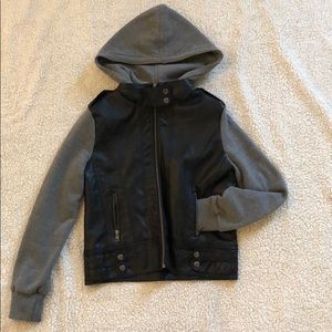 Faux Black Leather Jacket with Hoodie Sleeves